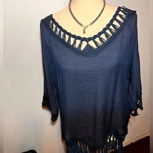 NWOT Peter Nygard Blue 3/4 Sleeve Top with Crochet Collar,Hemline & Cuffs #48